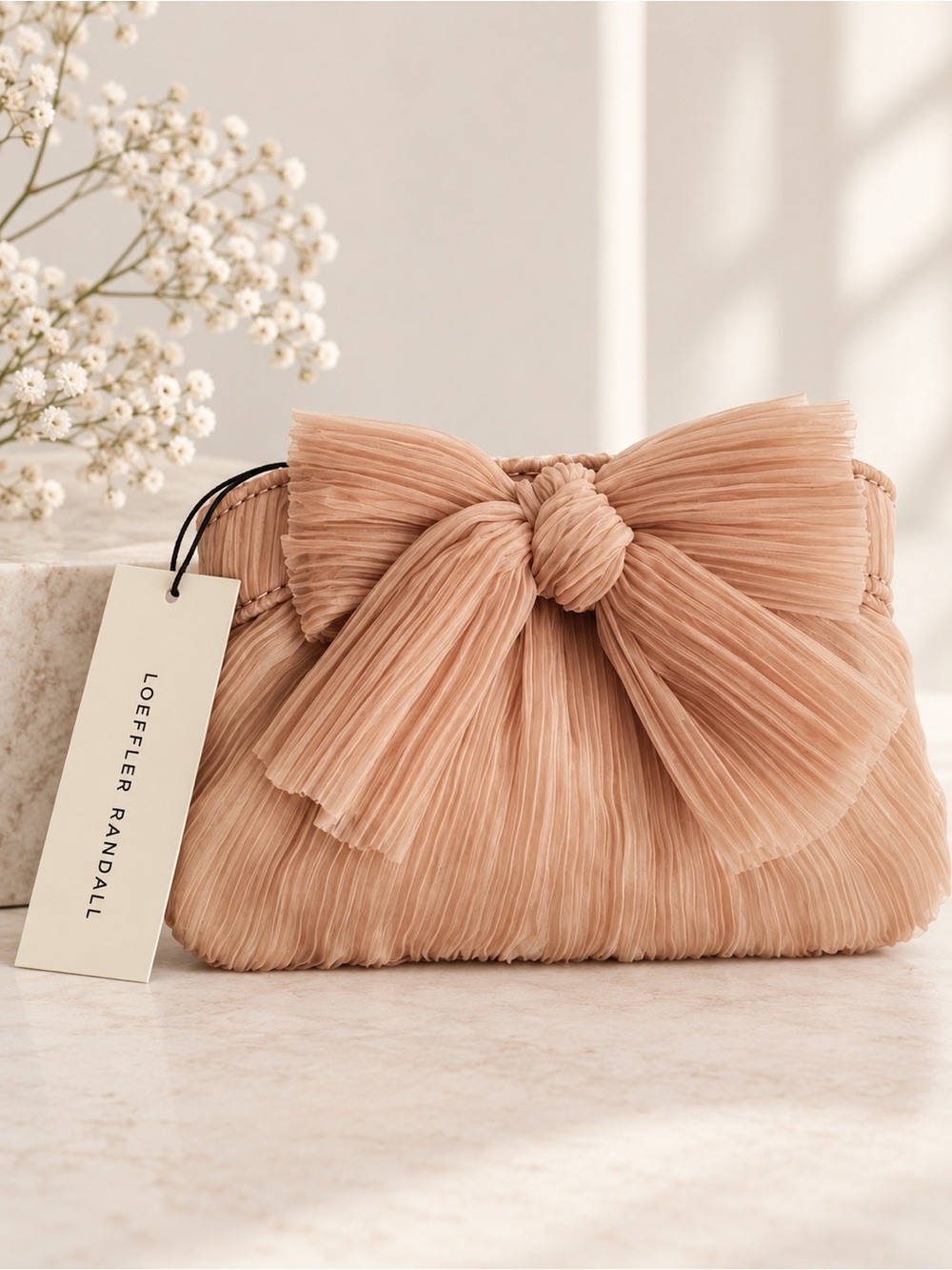 NWT Loeffler Randall Pleated Bow Mini Bag Beauty Pink Gold Chain